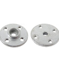 Two silver aluminum round RC servo discs with four mounting holes and a splined center bore (25T) for standard servos