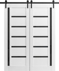 Double Barn Door 72 By 96 Inches White Silk With Black Glass Panel Includes 13Ft Rail System And Heavy Duty Hangers