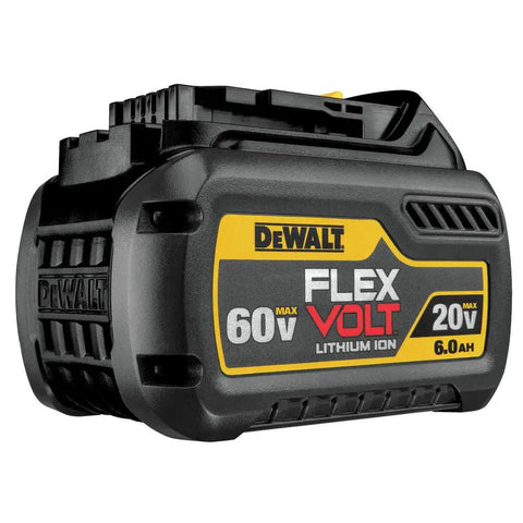 FlexVolt 20V 60V Max Lithium Ion Battery 6.0Ah DCB606 for cordless power, side view showing branding and capacity details.