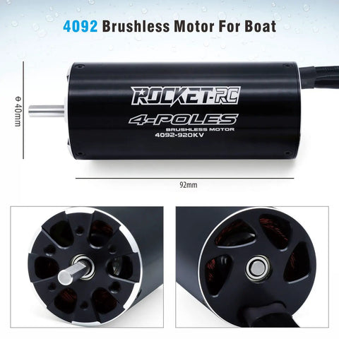 Rock Solid Brushless RC Boat Motor With Heavy Duty Water Cooling Jacket High Torque 920KV 4 Pole Design 5MM Shaft showing 4092 size and detailed view.