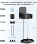 Electric Handheld Milk Frother With Stand For Coffee At Home, shown with stainless steel wall-mounted stand, parts labeled