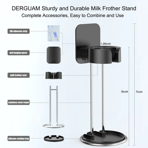 Electric Handheld Milk Frother With Stand For Coffee At Home, shown with stainless steel wall-mounted stand, parts labeled