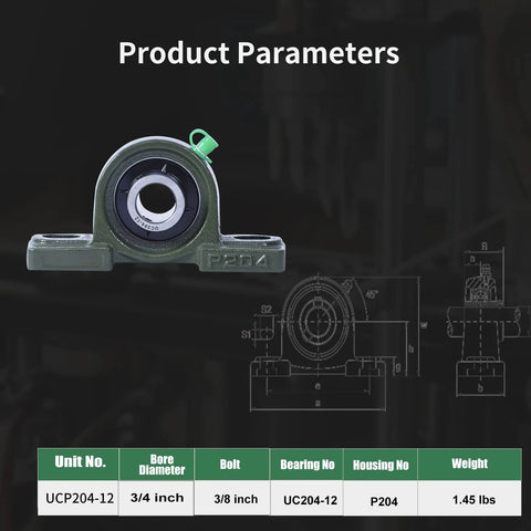 Front view of green cast-iron UCP204-12 pillow block bearing with 3/4 inch bore and two-bolt flange