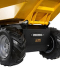 Close-up of wheels and LED light on Heavy Duty 1100 Lb Haul Ready To Roll Electric Wheel Barrow Dumper Cart With 48V Battery 1000W