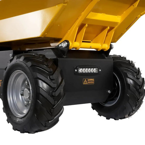 Close-up of wheels and LED light on Heavy Duty 1100 Lb Haul Ready To Roll Electric Wheel Barrow Dumper Cart With 48V Battery 1000W