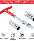 Heavy Duty Carbon Steel T Handle Spark Plug Socket Wrench Kit With Five Eighth And Thirteen Sixteenths Inch Sockets, red handle, chrome sockets.