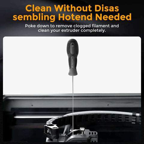 1.5mm Clog Poke Nozzle Cleaning Kit For 3D Printers shown in use, features 210mm precision needle, high hardness steel.