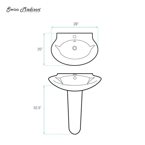 Plaisir Rounded Basin Pedestal Sink Built Tough With Scratch Resistant Ceramic Non Porous Construction One And Three Eighths Inch Faucet Hole Overflow Included Modern Bathroom Upgrade You Can Count On measurement diagram