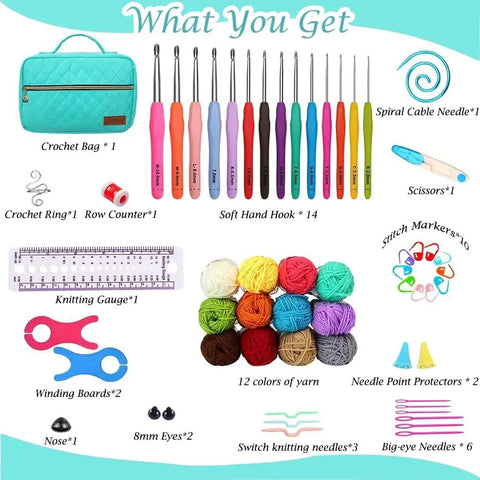 All In One Crochet Kit For Beginners With 14 Ergonomic Crochet Hooks 12 Yarn Skeins Stitching Tools Crochet Bag And Step By Step Guide In Bright Blue For Easy Crafting, items laid out on a white background.