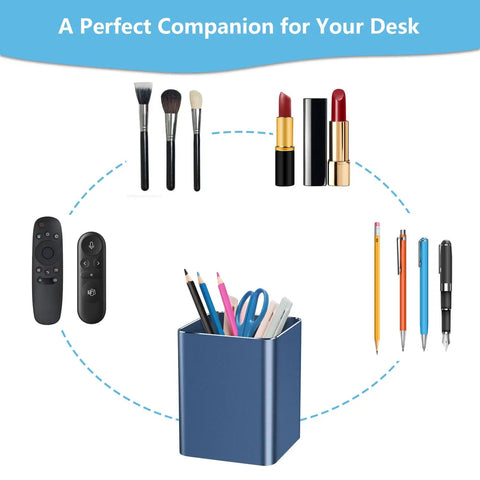 Blue Square Pen Holder Cup, Aluminum Desk Organizer For Pens And Pencils, shown with makeup brushes and remotes.