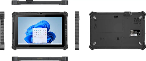 Badass Rugged Windows 11 Tablet Built Tough With Solid Mil Spec Armor, 12 inch HD touchscreen, side and back views.