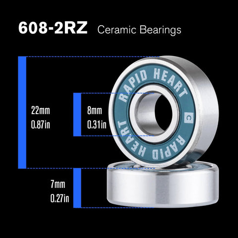 608-2RS Rapid Heart ceramic bearings, front view, blue seals; 2-pack, 22mm outer, 7mm inner.