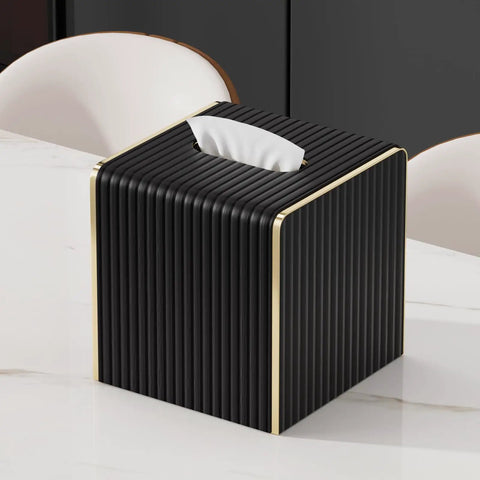 Black Square PU Leather Tissue Box Cover With Gold Tone Edging Luxury Vibe For Living Room Bedroom Bathroom Desk Or Office Coffee Table Decor That Feels Boss Level Dope on marble surface.
