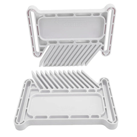 Adjustable Stackable Featherboard For Table Saw Router And Band Saw Featuring Wedged Locking and T Slot Mounting shown from above, featuring a sturdy white plastic design.