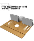 Premium Aluminum Router Table Insert Plate With Center Hole Bushing For Dead On Woodworking Trimmer Mounting, showing adjustable front and rear distance.
