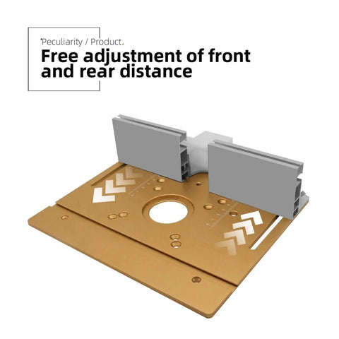 Premium Aluminum Router Table Insert Plate With Center Hole Bushing For Dead On Woodworking Trimmer Mounting, showing adjustable front and rear distance.