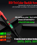 DIY Friendly Brake Fluid Moisture Tester Pen For DOT3 DOT4 DOT5.1, Must Have Garage Grade Vehicle Diagnostic Tool, Hydraulic Fluid Reader, Oil Moisture Meter For Quick, Accurate Brake Fluid Status. Black and red pen-style tester with tri-color backlit screen