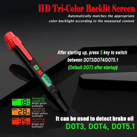 DIY Friendly Brake Fluid Moisture Tester Pen For DOT3 DOT4 DOT5.1, Must Have Garage Grade Vehicle Diagnostic Tool, Hydraulic Fluid Reader, Oil Moisture Meter For Quick, Accurate Brake Fluid Status. Black and red pen-style tester with tri-color backlit screen