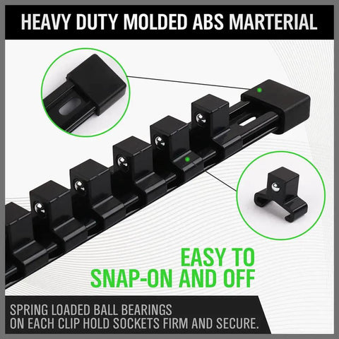 Heavy Duty Socket Rail Organizer Set Nine Piece Kit with molded ABS material and snap-on clips for secure socket organization