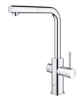 Clean Lines Single Handle Pull Out Kitchen Faucet With Laminar Spray Led Knobs For Chilled Sparkling Water Butter Smooth Pour 180 Swivel Spout, polished chrome finish.
