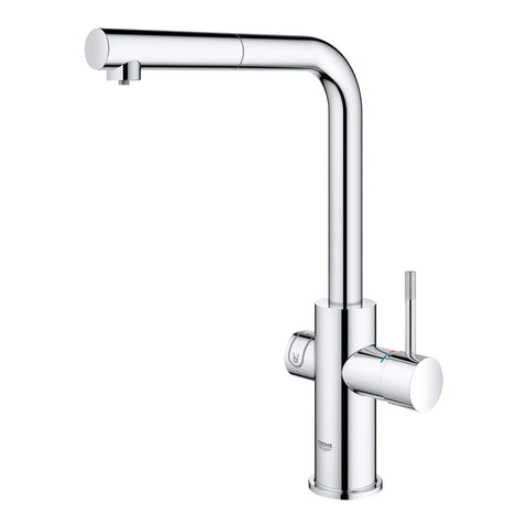 Clean Lines Single Handle Pull Out Kitchen Faucet With Laminar Spray Led Knobs For Chilled Sparkling Water Butter Smooth Pour 180 Swivel Spout, polished chrome finish.