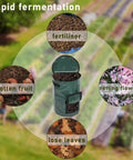 Large 34 Gallon Collapsible Garden Compost Bin With Lid For Yard Waste And Kitchen Scraps Durable Thick Polyethylene Tumbler Bin For Outdoor And Indoor Composting with images of composting materials like fruit, leaves, and flowers.