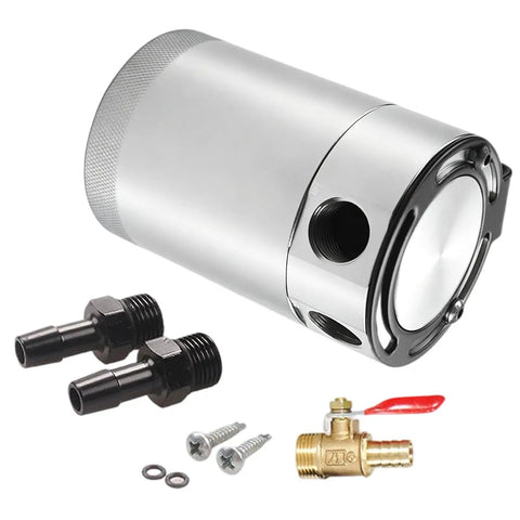 Ditch The Gunk And Keep Your Engine Sleek With This Rock Solid 300Ml Oil Catch Can Kit, aluminum, parts included, detailed view.