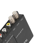 Close-up view of RF Modulator For UHF TV With Infrared Extender, featuring AV to RF connectors and channel display, easy plug and play setup.