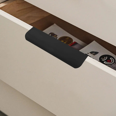 Matte Black Aluminum Finger Edge Cabinet Pulls 150mm Hidden Concealed Drawer Handles on white drawer