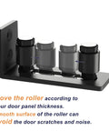 Sliding Barn Door Bottom Adjustable Floor Guide Roller Set Black For Quiet Smooth Operation, Easy To Install, Includes 2 Rollers And Hardware, Durable Steel And Nylon Construction For Long Lasting Performance, showing adjustable rollers in black steel frame.