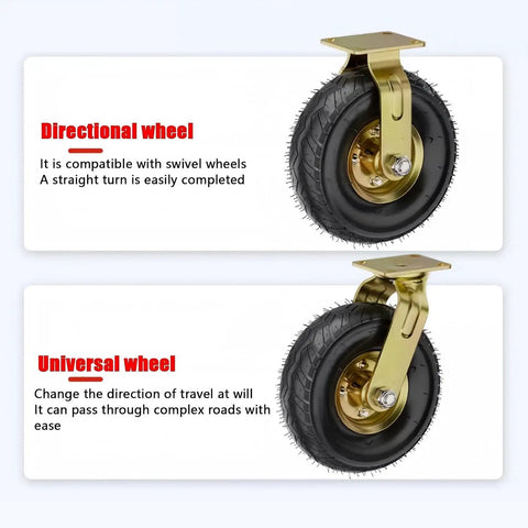Two Pack 10 Inch Rolling Plate Caster Wheels with Quiet Rubber Knobby Treads, shown as directional and universal wheel types.
