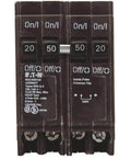 Heavy Duty Quad Circuit Breaker With One 2 Pole 50 Amp And Two 1 Pole 20 Amp Common Trip Switch, residential use, compact design.