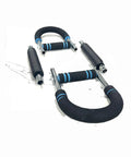 Arm Trainer With 2 Spring Resistance, Detachable Twister on white surface, components disassembled, Compact Black Fitness Gear