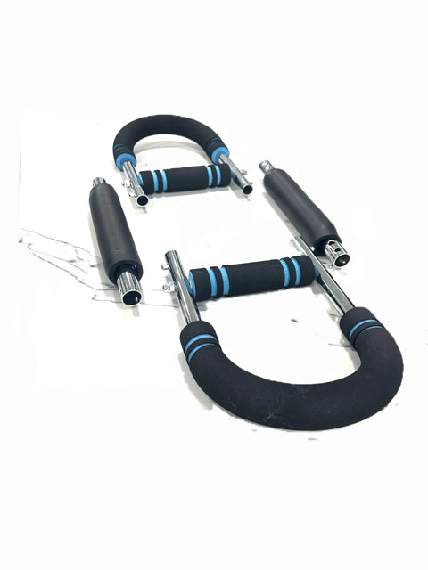Arm Trainer With 2 Spring Resistance, Detachable Twister on white surface, components disassembled, Compact Black Fitness Gear