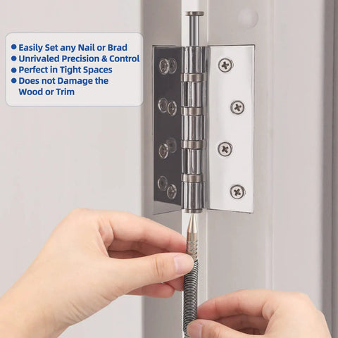 Using Beefy Dual Head Nail Setter And Hinge Pin Punch Set Kit to remove hinge pin with 5000 PSI striking power, close-up view.