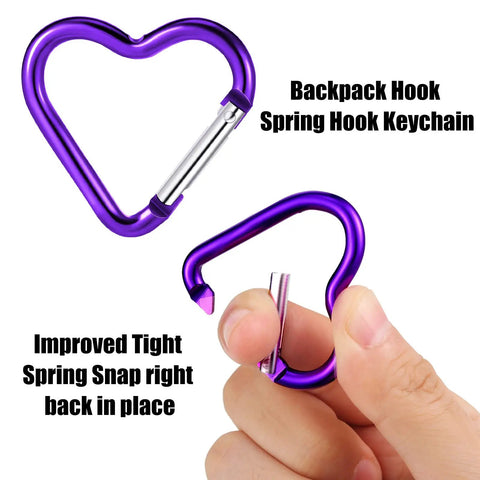 Heart Shape Keychain Clips Multipack Aluminum Alloy Carabiner Hooks For Outdoor Gear Spring Snap Hook Keychain Clips close-up view.