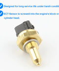 Close-up of coolant temperature sensor with brass threaded stem and black connector.