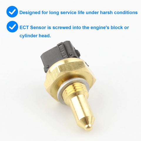 Close-up of coolant temperature sensor with brass threaded stem and black connector.