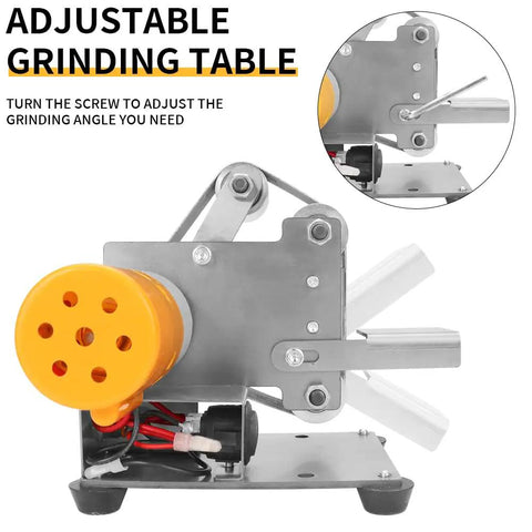 Mini Belt Sander With 7 Speed Adjustable Electric Bench Grinder showing adjustable grinding table and screws for DIY use.