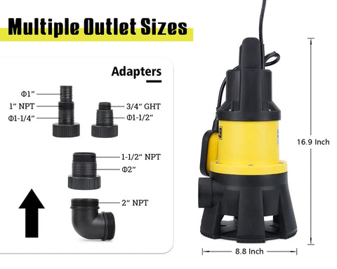 Beast 1.5HP Submersible Sump Pump 6000 GPH with multiple outlet sizes and automatic float switch, adapters shown