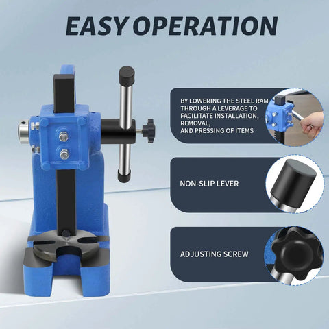 Close-up of Heavy Duty 0.5 Ton Cast Iron Desktop Arbor Press for riveting and hole punching with non-slip lever and adjusting screw.