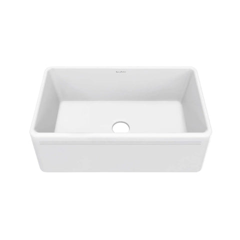 White rectangular ceramic kitchen sink with center drain.