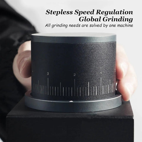 Single Dose Coffee Grinder Featuring Killer Cone Burr Precision And Variable Speed Controls, close-up of stepless control dial.