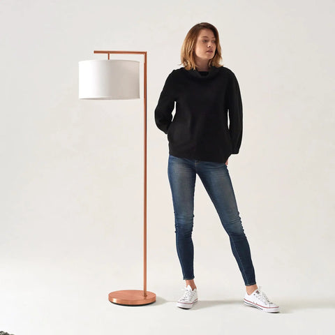 Montage Modern LED Floor Lamp for Living Rooms and Offices Tall Standing Corner Pole Lamp for Bedroom Reading in Rose Gold with person