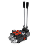 Front view of a two-spool hydraulic directional control valve, black body with red port caps and dual levers.