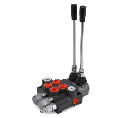 Front view of a two-spool hydraulic directional control valve, black body with red port caps and dual levers.