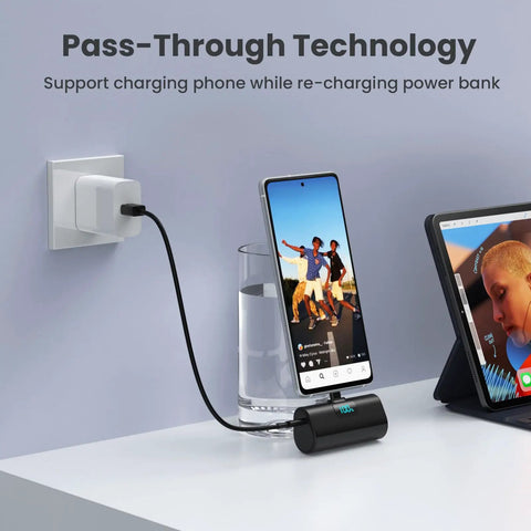 Two Pack Grab And Go Portable Charger With Built In USB C Cable, 5200 Mah Pocket Power Bank charging phone while recharging