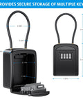 Outdoor Key Lock Box With 4-Digit Combination, Tough-As-Nails Water-Resistant Safe Box For 5 Keys, Removable Chain, open and closed views