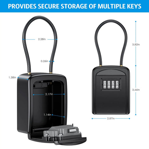 Outdoor Key Lock Box With 4-Digit Combination, Tough-As-Nails Water-Resistant Safe Box For 5 Keys, Removable Chain, open and closed views