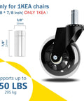 10x22mm Transparent 3 Inch Office Chair Casters Set Of 5 For Hardwood Floors Replacement Wheels, Easy Install No Tools Required, Smooth Rolling Rubber Roller Blades For Desk Chairs, Compatible With Standard Chair Mounts next to a weight capacity of 650 lbs.